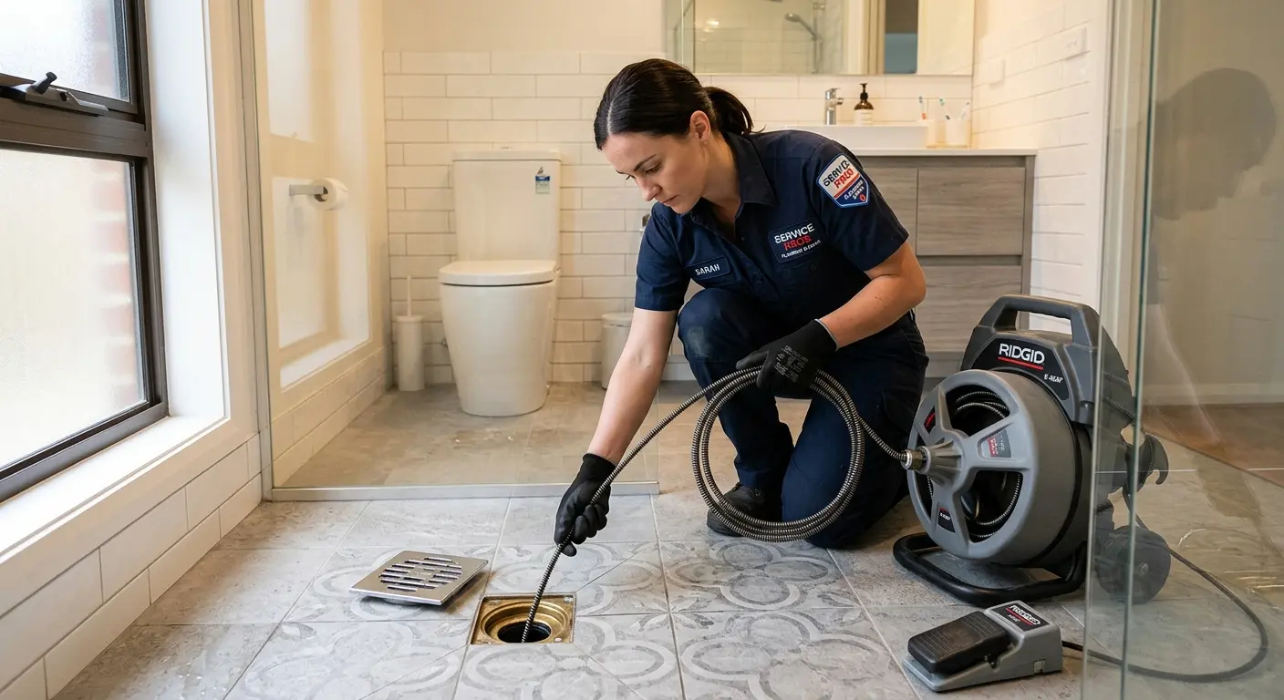 Technician clearing a bathroom floor drain for Hydro Jetting in Pinecrest